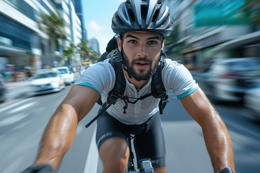 Cyclist riding a bike in the city, motion blur. photo