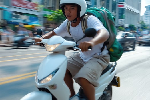Motorcyclist riding on the road in asian city photo