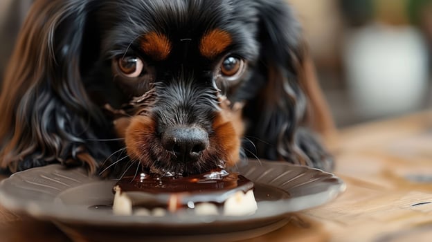 A close-up of a dog eagerly enjoying a chocolate dessert on a plate at home, with a cozy background photo
