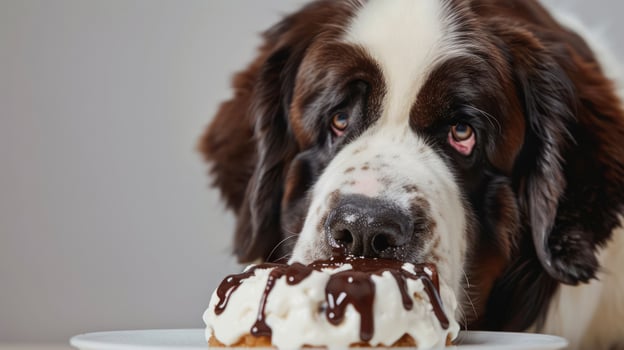 A Saint Bernard dog eagerly reaching for a chocolate-covered donut on a white plate photo