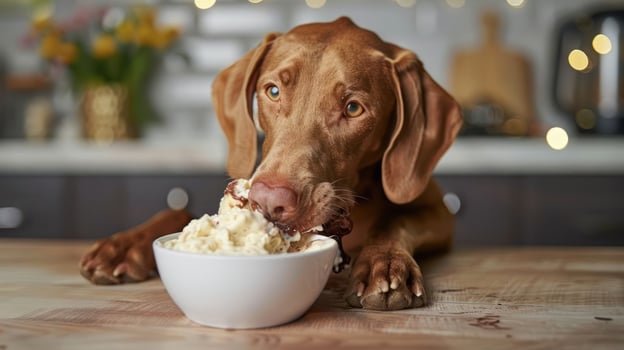A playful dog enjoying a bowl of ice cream in a cozy kitchen with warm lighting and flowers photo