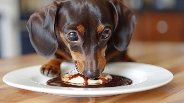 A playful dachshund eagerly tasting a dessert on a wooden table in a cozy kitchen setting photo
