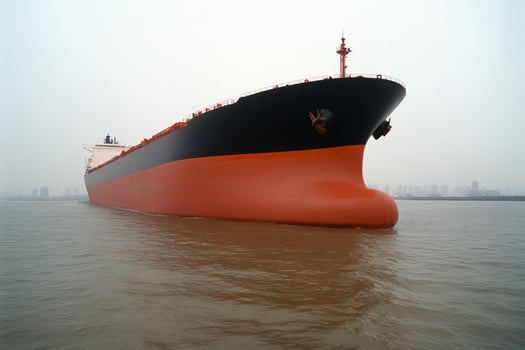 Large cargo ship navigating through foggy waters near a city coastline in the early morning hours photo