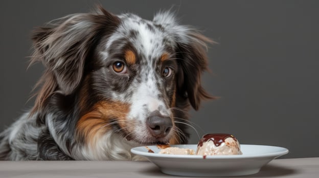 A curious dog gazes at a delicious dessert on a table, showcasing its anticipation and excitement photo