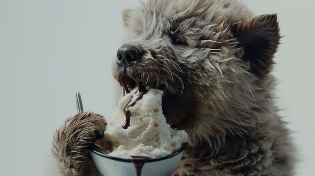 Playful puppy enjoying a bowl of ice cream with chocolate syrup, bright background photo