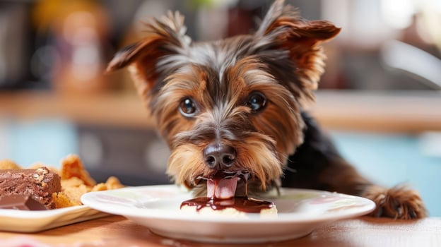 Adorable small dog enjoying a slice of cake with chocolate icing in a cozy kitchen setting photo