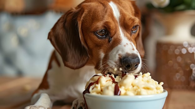 A curious beagle dog enjoying a bowl of popcorn drizzled with chocolate sauce indoors photo
