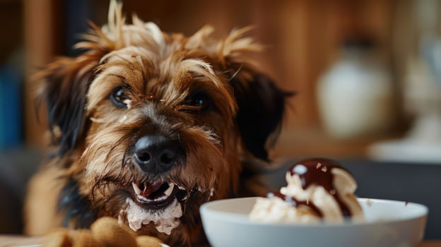 Happy dog enjoying a bowl of ice cream at home, with a cozy background and soft lighting photo