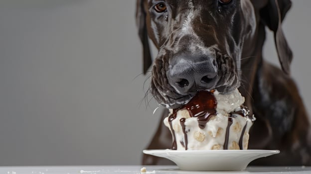 A playful dog enjoying a large ice cream sundae with chocolate sauce in a minimalistic setting photo