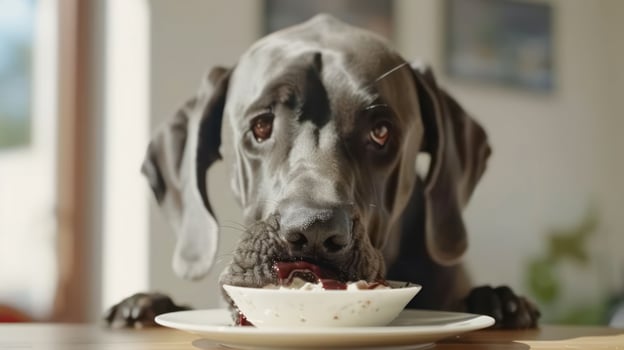 A Great Dane eagerly enjoying a bowl of food indoors, with a bright and cozy kitchen backdrop photo