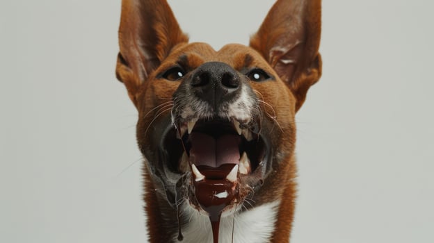 Close-up of a playful dog with an open mouth, showing excitement and a splash of water, indoors photo