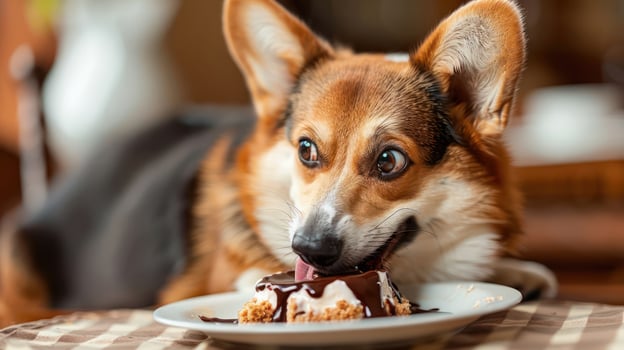 A playful dog enjoying a slice of chocolate cake in a cozy indoor setting with warm lighting photo