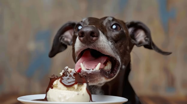 Playful dog eagerly enjoying a scoop of ice cream dessert in a cozy indoor setting photo