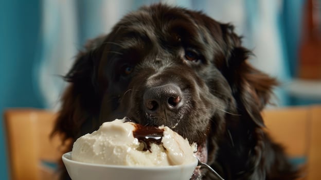 A joyful dog enjoying a bowl of ice cream indoors, with a cozy kitchen background photo