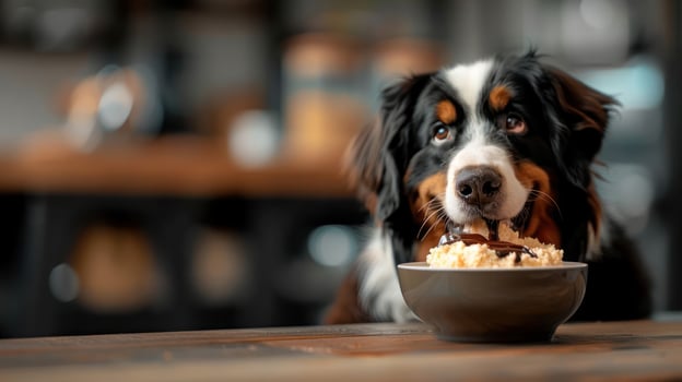 A playful dog enjoying a delicious bowl of food in a cozy kitchen setting photo