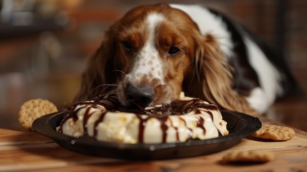 A playful dog enjoying a delicious cake with cookies on a rustic wooden table photo