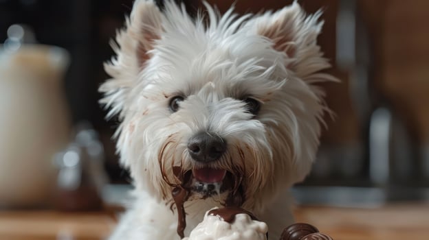 Playful dog enjoying a treat with chocolate, set in a cozy kitchen environment photo
