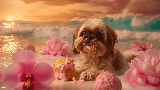 Adorable dog enjoying a sweet treat among flowers at a serene beach sunset photo
