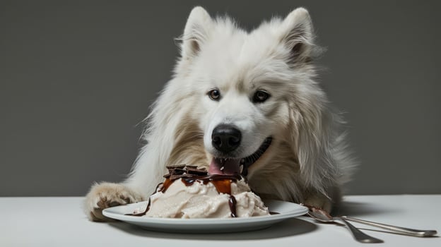 A fluffy white dog enjoying a dessert plate with ice cream and chocolate sauce in a minimalistic setting photo