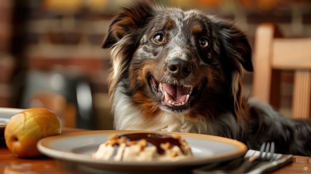 Happy dog eagerly anticipating a delicious dessert at a cozy restaurant setting photo