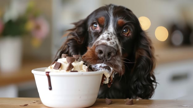 A playful dog enjoying a delicious dessert bowl filled with ice cream and toppings in a cozy kitchen photo