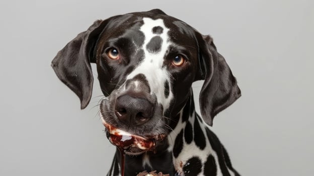Playful Dalmatian dog enjoying a treat against a neutral background, showcasing its unique spots photo