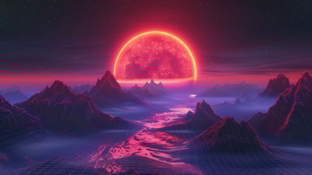 Futuristic landscape with a glowing sunset over mountains and a river, creating a surreal atmosphere photo
