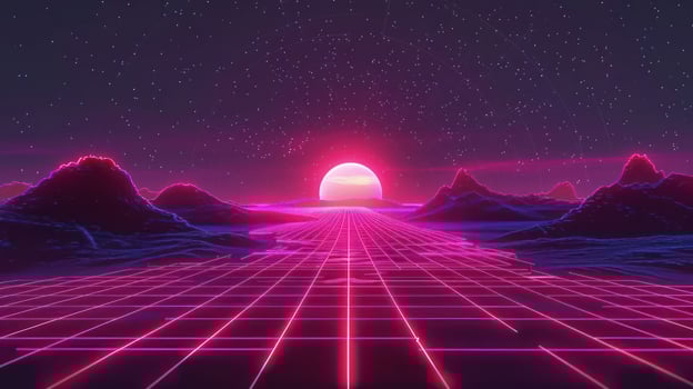 Vibrant retro-futuristic landscape with a glowing sunset and grid foreground, evoking nostalgia photo