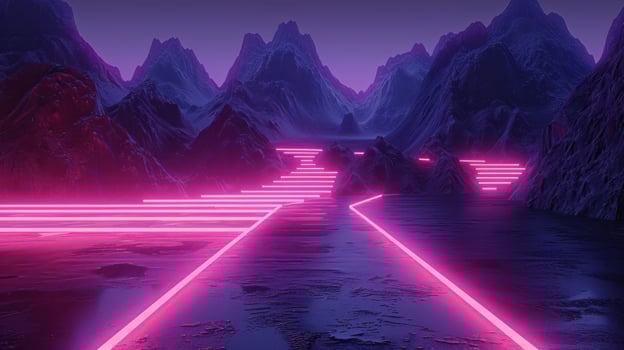 Futuristic neon landscape with glowing pink lines illuminating a serene mountain lake at dusk photo