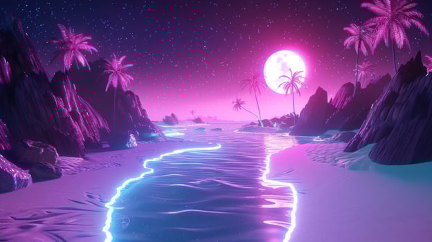 Surreal neon landscape with glowing river, palm trees, and a vibrant sunset over the ocean photo