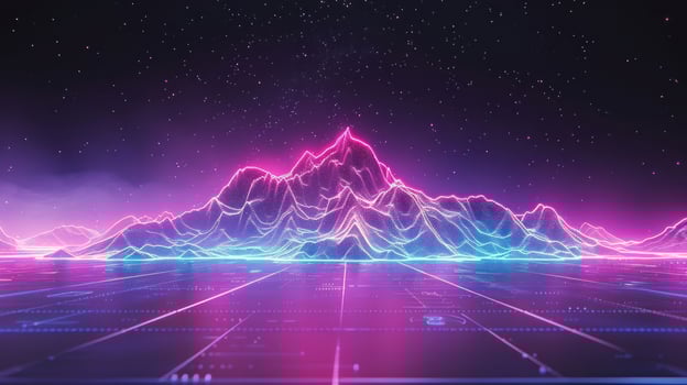 Futuristic neon mountain landscape with glowing lines and starry sky, ideal for digital art photo