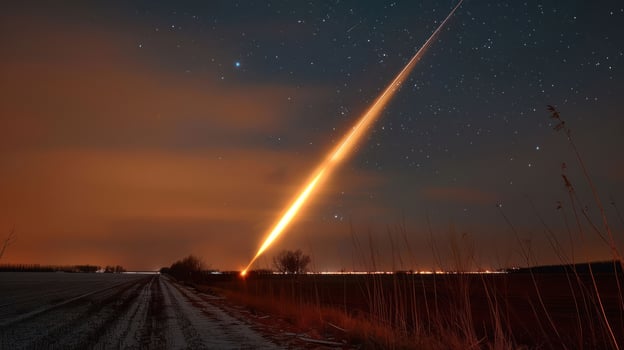 Bright meteor streaking across a starry night sky over a rural landscape with distant lights photo
