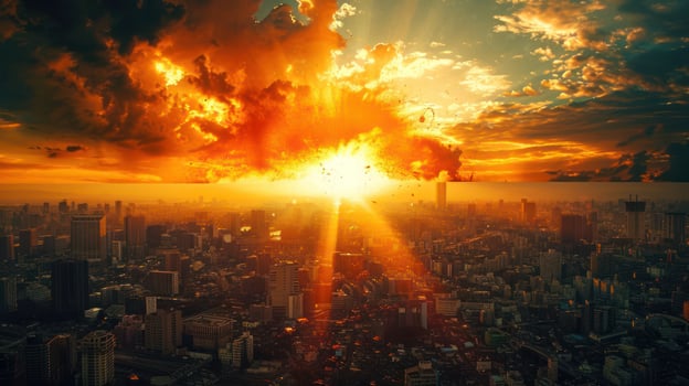 Dramatic sunset over a bustling city skyline, with vibrant colors illuminating the clouds photo