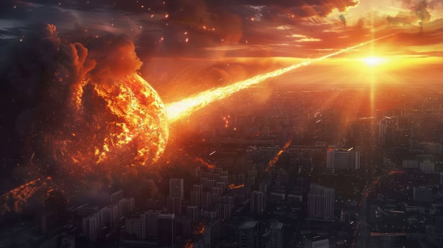 Catastrophic solar event unleashes fiery rays over a sprawling cityscape at sunset photo