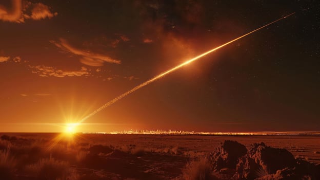 Meteor streaking across a sunset sky over a distant city skyline and desert landscape photo