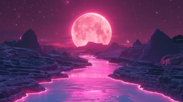 A vibrant pink moon illuminates a surreal landscape with glowing river and rocky terrain photo