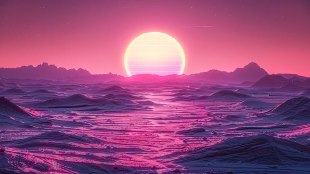 Vibrant sunset illuminating surreal alien landscape with mountains and valleys in the background photo