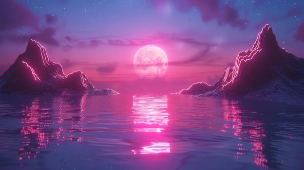 Serene twilight landscape with glowing mountains reflecting in calm waters under a full moon photo