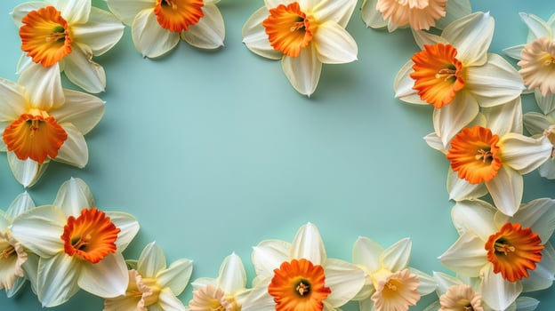 A vibrant floral arrangement featuring orange and white flowers on a soft blue background photo