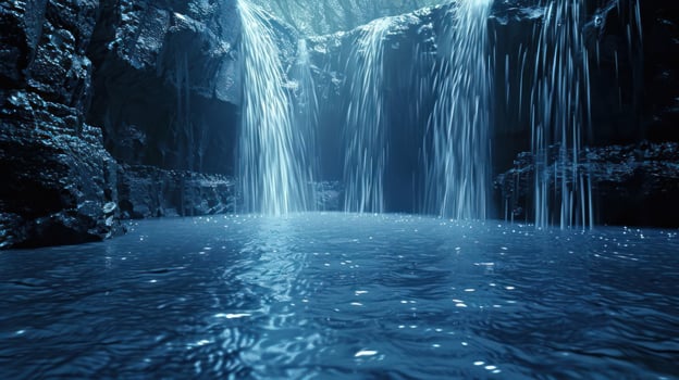 Serene waterfall cascading into a tranquil pool surrounded by rugged cliffs, evoking peace photo