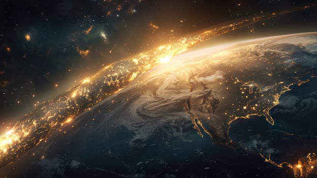 Stunning view of Earth from space showcasing vibrant city lights and cosmic background photo