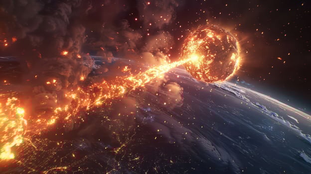 Dramatic cosmic event showcasing a fiery celestial body colliding with Earth, illuminating the night sky photo