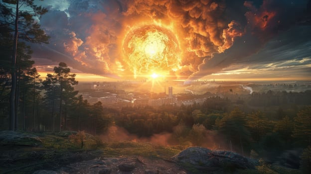Dramatic sunset over a vibrant cityscape surrounded by lush forests and mountains photo