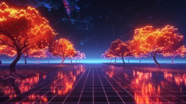 Futuristic landscape with glowing trees reflecting on a grid, under a starry sky photo