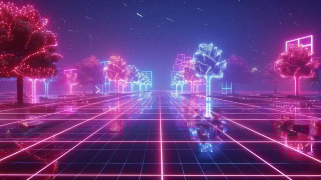 Futuristic neon landscape with glowing trees and a reflective grid under a starry sky photo