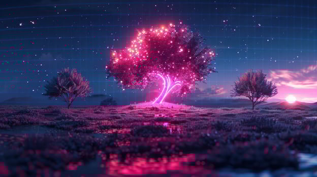 Vibrant glowing tree surrounded by lush landscape at sunset with a starry sky backdrop photo