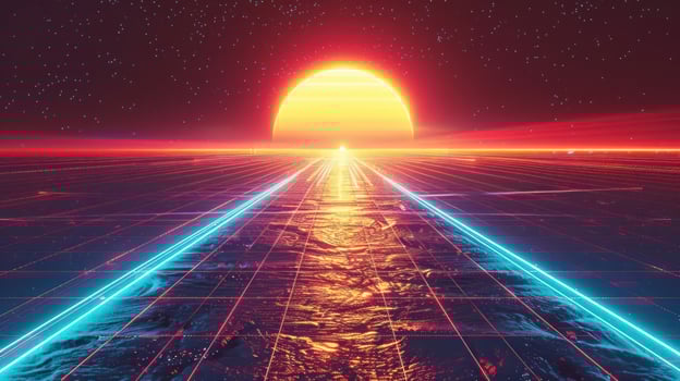 Vibrant sunset over a futuristic ocean landscape with glowing grid lines and starry sky photo