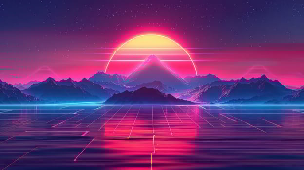 Vibrant sunset over a futuristic landscape with mountains and reflective water, evoking tranquility photo