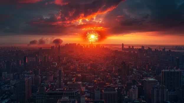 Dramatic sunset over a city skyline with fiery clouds and atmospheric effects photo