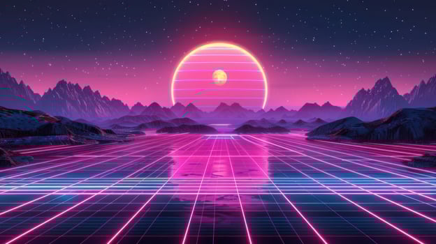 Vibrant retro-futuristic landscape with neon sun setting over a grid-like lake and mountains photo